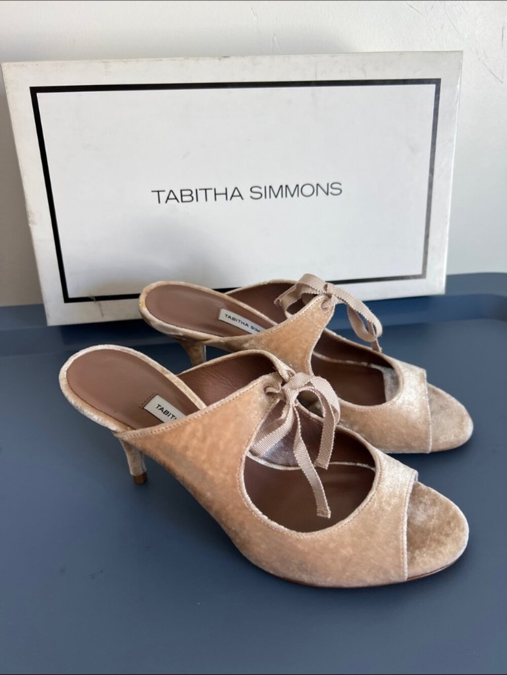 Tabitha Simmons Helene Pink Velvet Peep Toe Mules Heel Made in Italy EU 37 /US 7